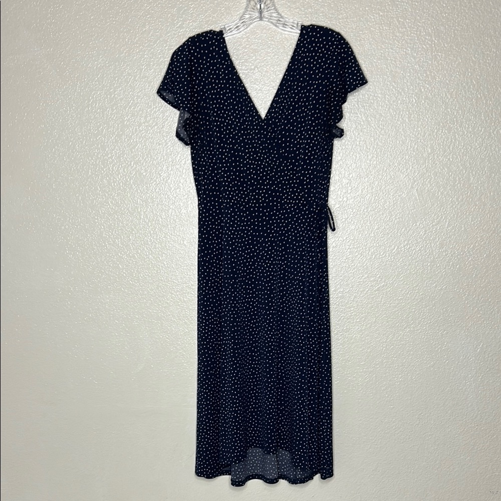 Kaileigh Navy/White Polka Dot Faux Wrap Dress V-Neckline Short Sleeve Size M
